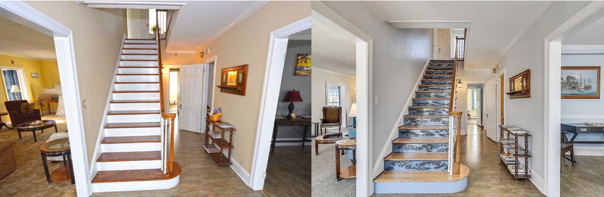 Hallway with staircase, entryways to rooms, light-colored walls and floor, two sides.