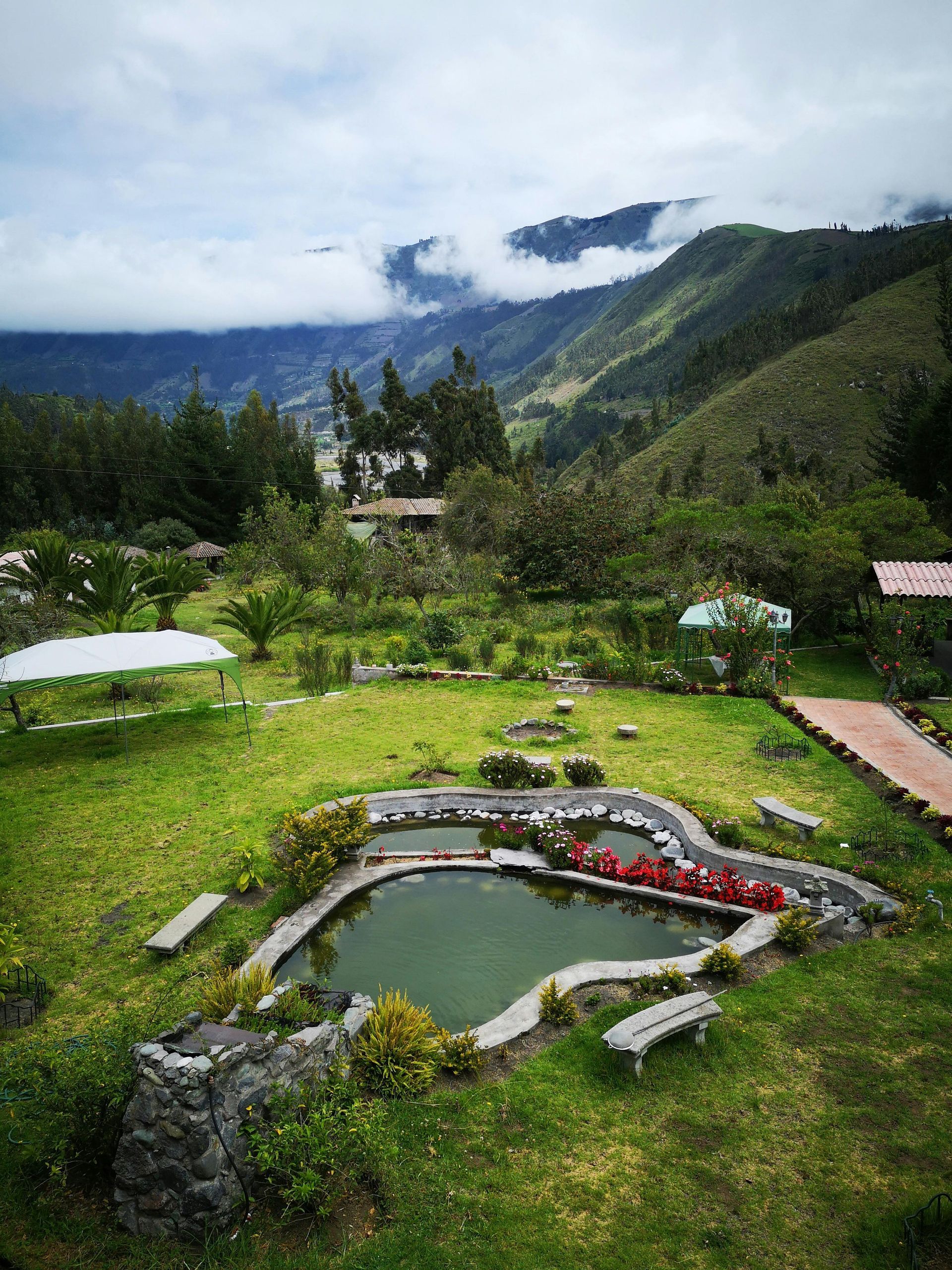 Green landscape with a pond, mountain view, cloudy sky.