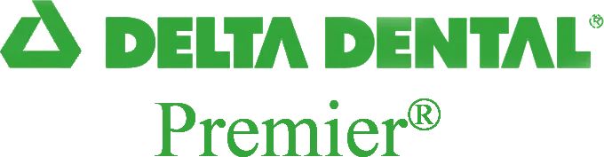A delta dental premier logo on a white background