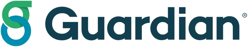 A blue and green guardian logo on a white background