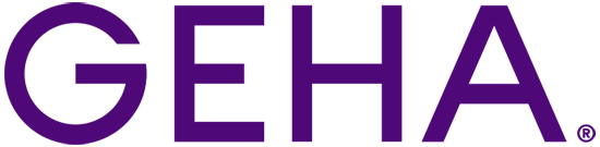 A purple and white logo for geha on a white background