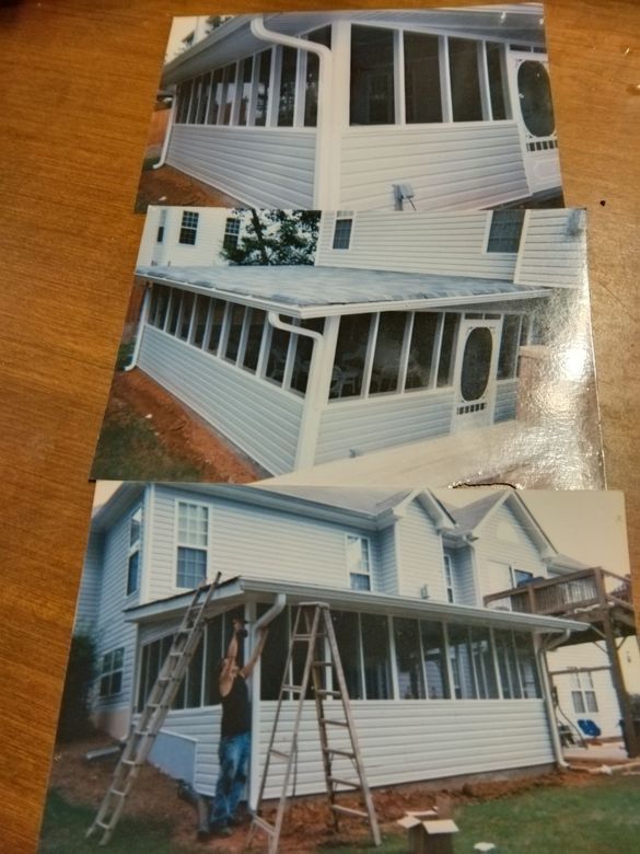 Three pictures of a house with a screened in porch