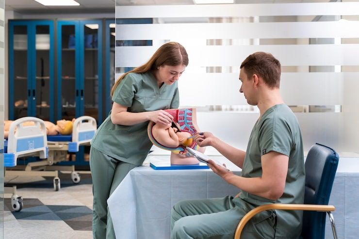 Two medical students examining a fetal model in a classroom setting.