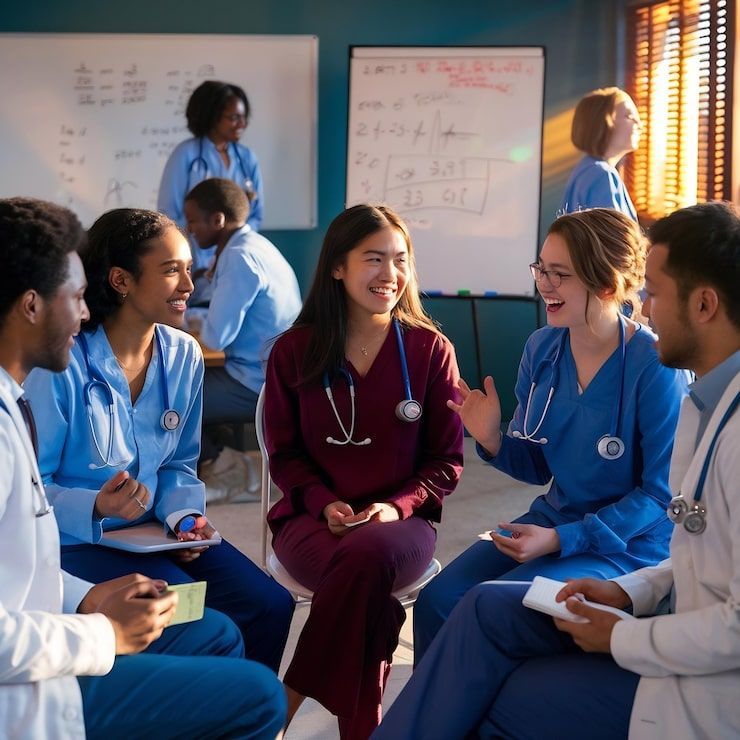 Medical professionals in scrubs and lab coats, sitting in a circle, engaged in conversation.
