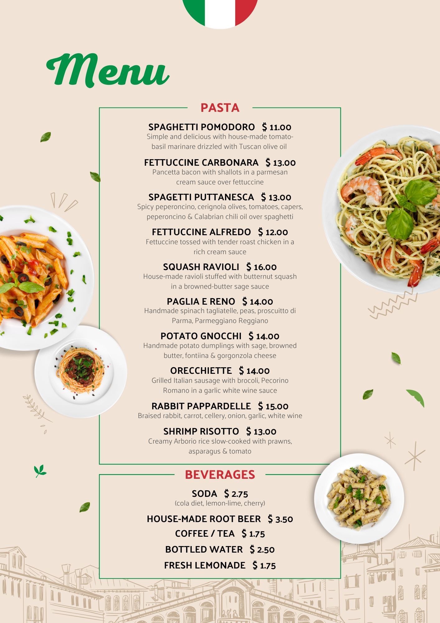 Speisekarte eines italienischen Restaurants mit einer Liste von Pastagerichten und Getränken, verziert mit Abbildungen verschiedener Pastateller.