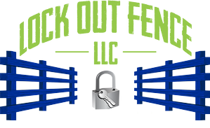 A logo for lock out fence llc with a blue fence and a padlock.