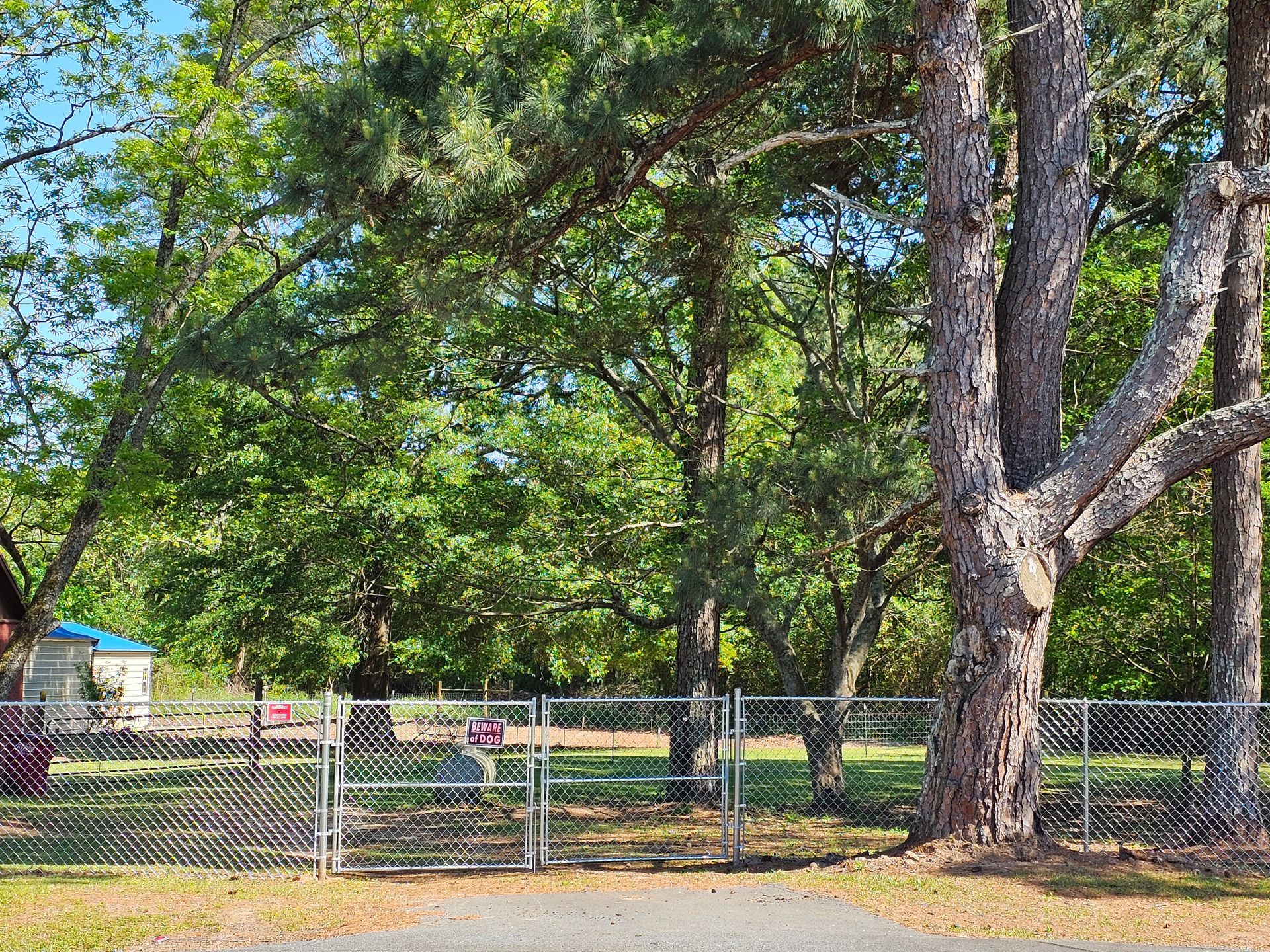 A fenced in area with trees and a gate in the middle of it.