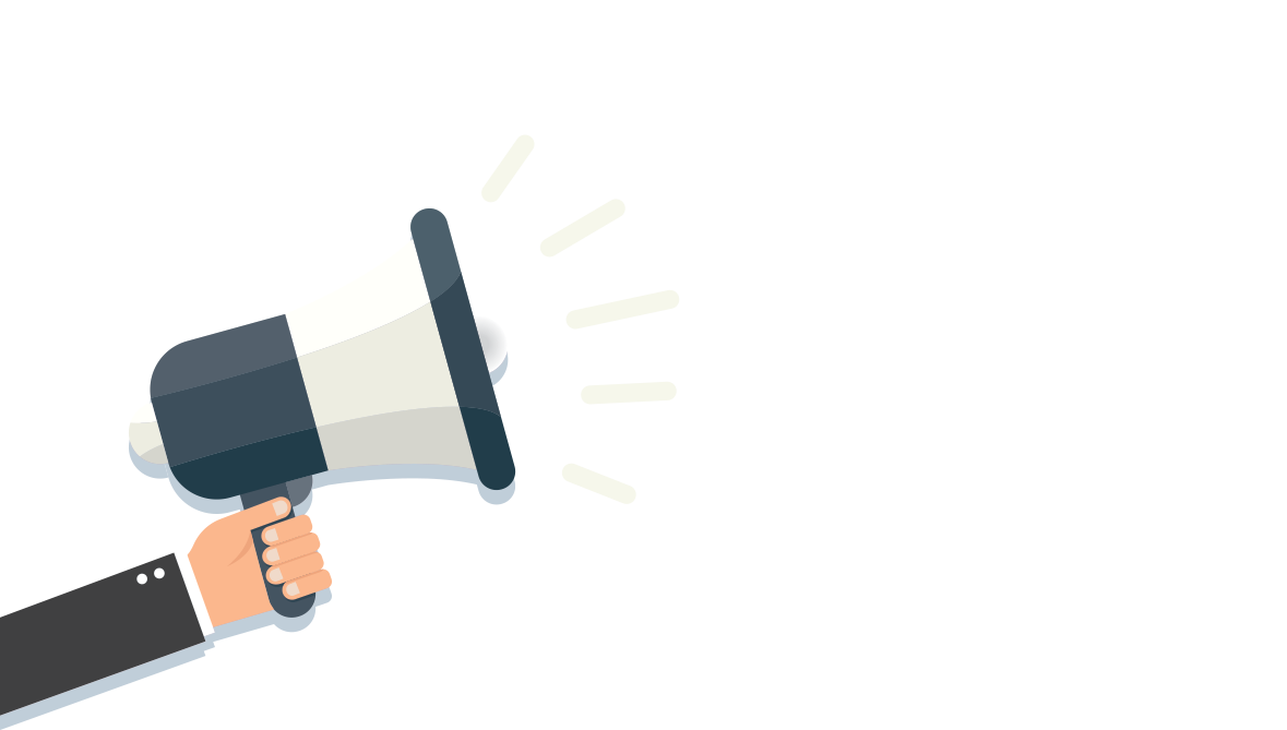 A hand is holding a megaphone on a white background.