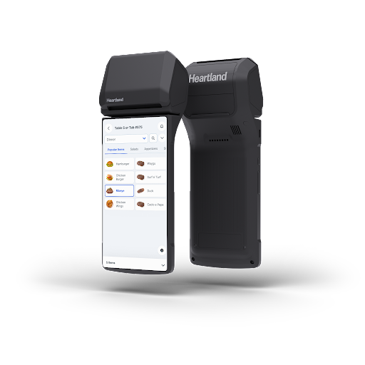 Black Heartland point-of-sale device, front view displaying a touch screen, with a printer attached to the top.