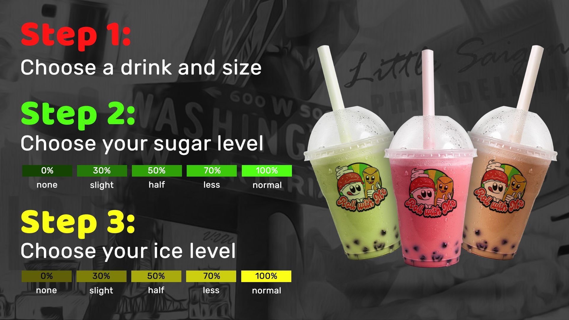 Step 1 choose a drink and size step 2 choose your sugar level step 3 choose your ice level