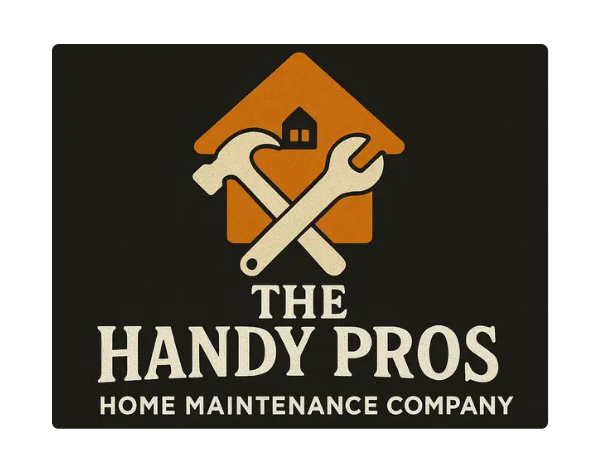 Logo for The Handy Pros home maintenance company, with crossed wrench and hammer over a house icon on a black background