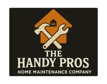 Logo for The Handy Pros home maintenance company, with crossed wrench and hammer over a house icon on a black background