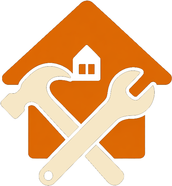 Orange house with crossed white wrench and paintbrush, representing home repair or maintenance.