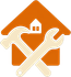 Orange house with crossed white wrench and paintbrush, representing home repair or maintenance.