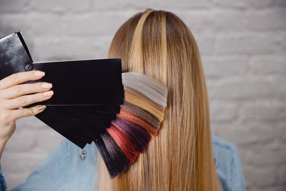 A woman is holding a palette of hair colors in front of her hair