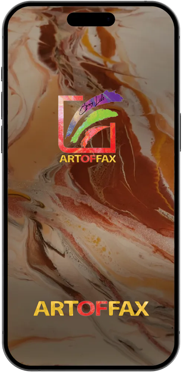 mobile phone displaying Artoffax logo and floor epoxy in the background