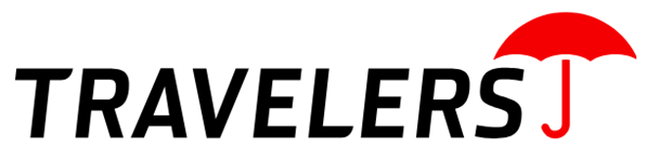 Travelers logo with black text and a red umbrella symbol.