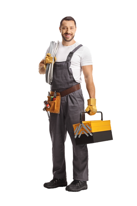 A man in overalls is holding a toolbox and a wire.
