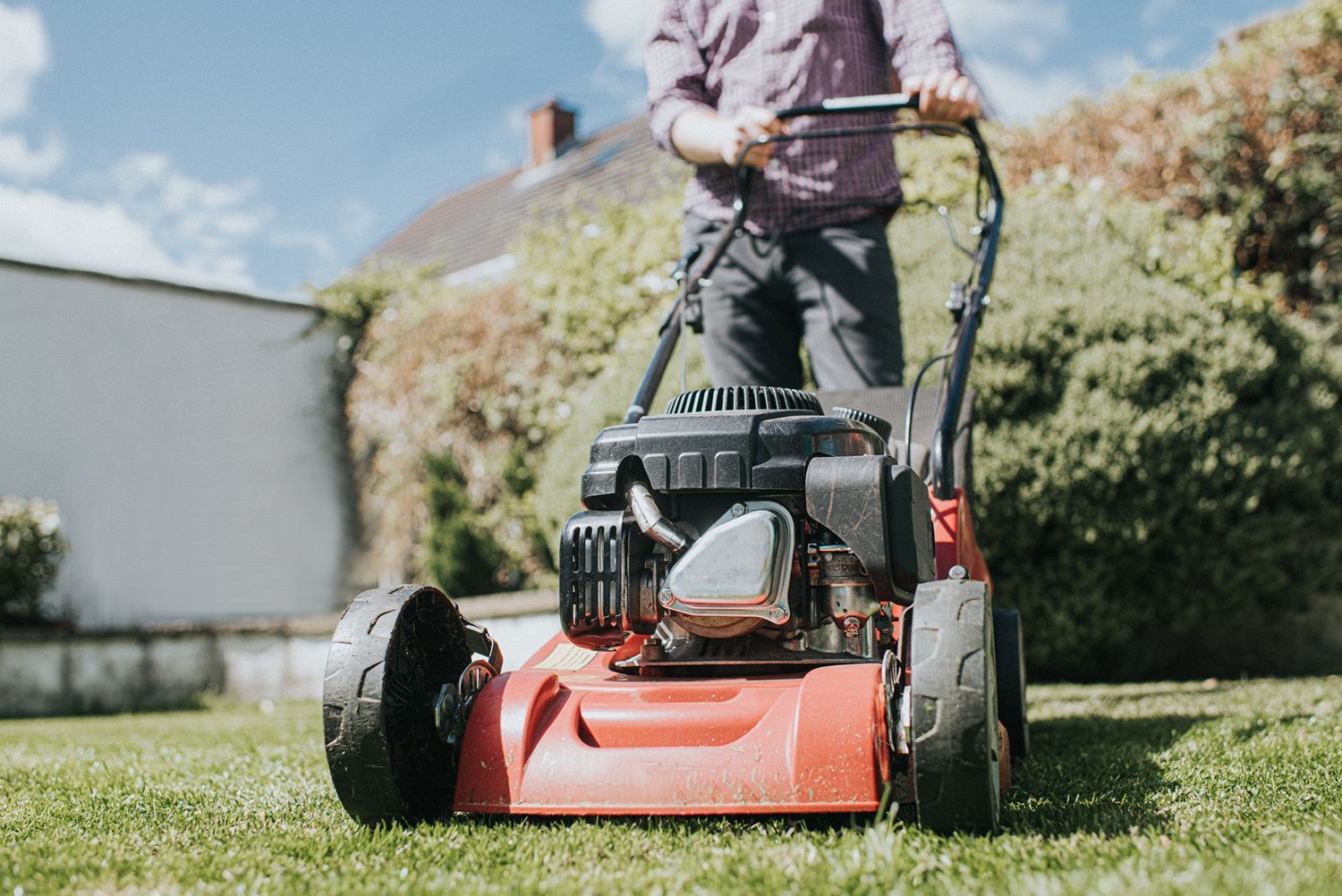 A man is mowing his lawn with a red lawn mower.