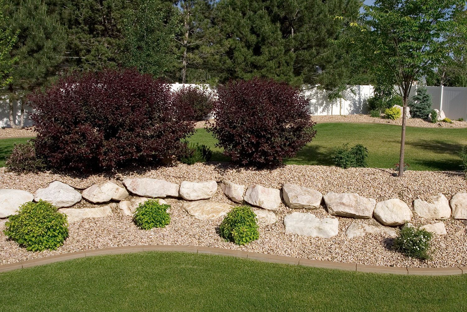 A garden with rocks , bushes and trees in it