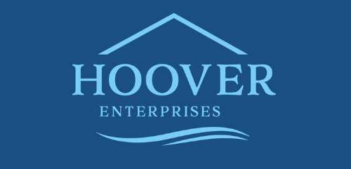Logo for Hoover Enterprises featuring a house outline above the name and stylized waves below, on a dark blue background.