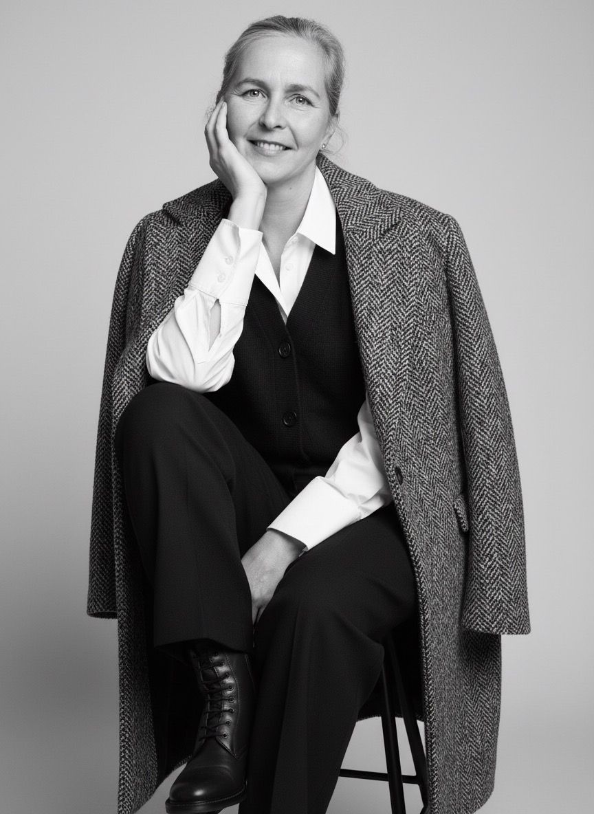 Woman with blonde hair, wearing an orange scarf and black jacket, smiles.