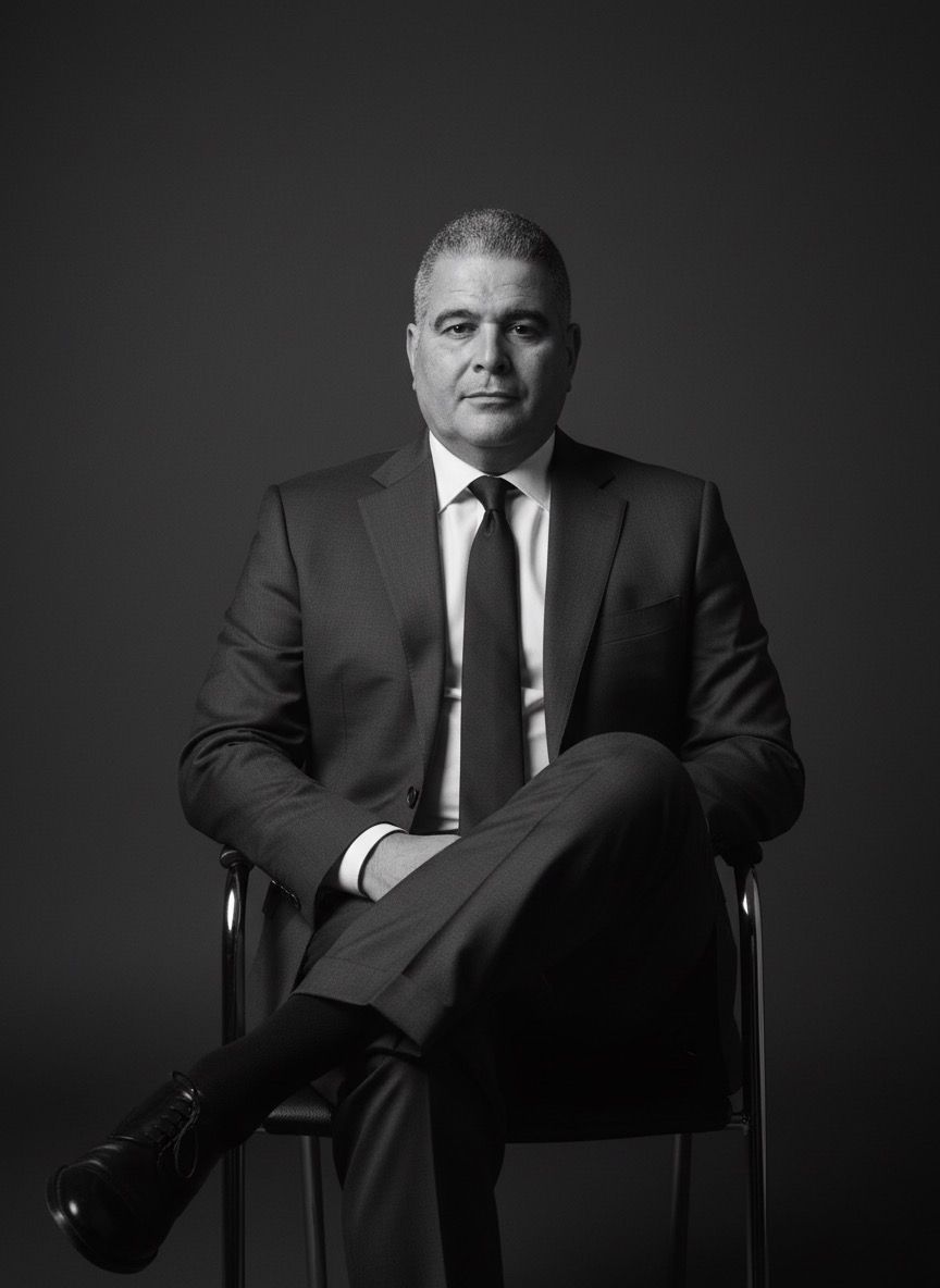 Man in a quilted navy jacket, smiling slightly in front of green foliage.