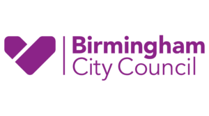 The birmingham city council logo is purple and white with a purple heart.