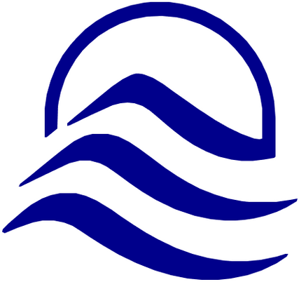A blue wave with a sun in the background