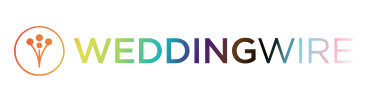 The logo for weddingwire is a rainbow colored logo with a flower in the middle.