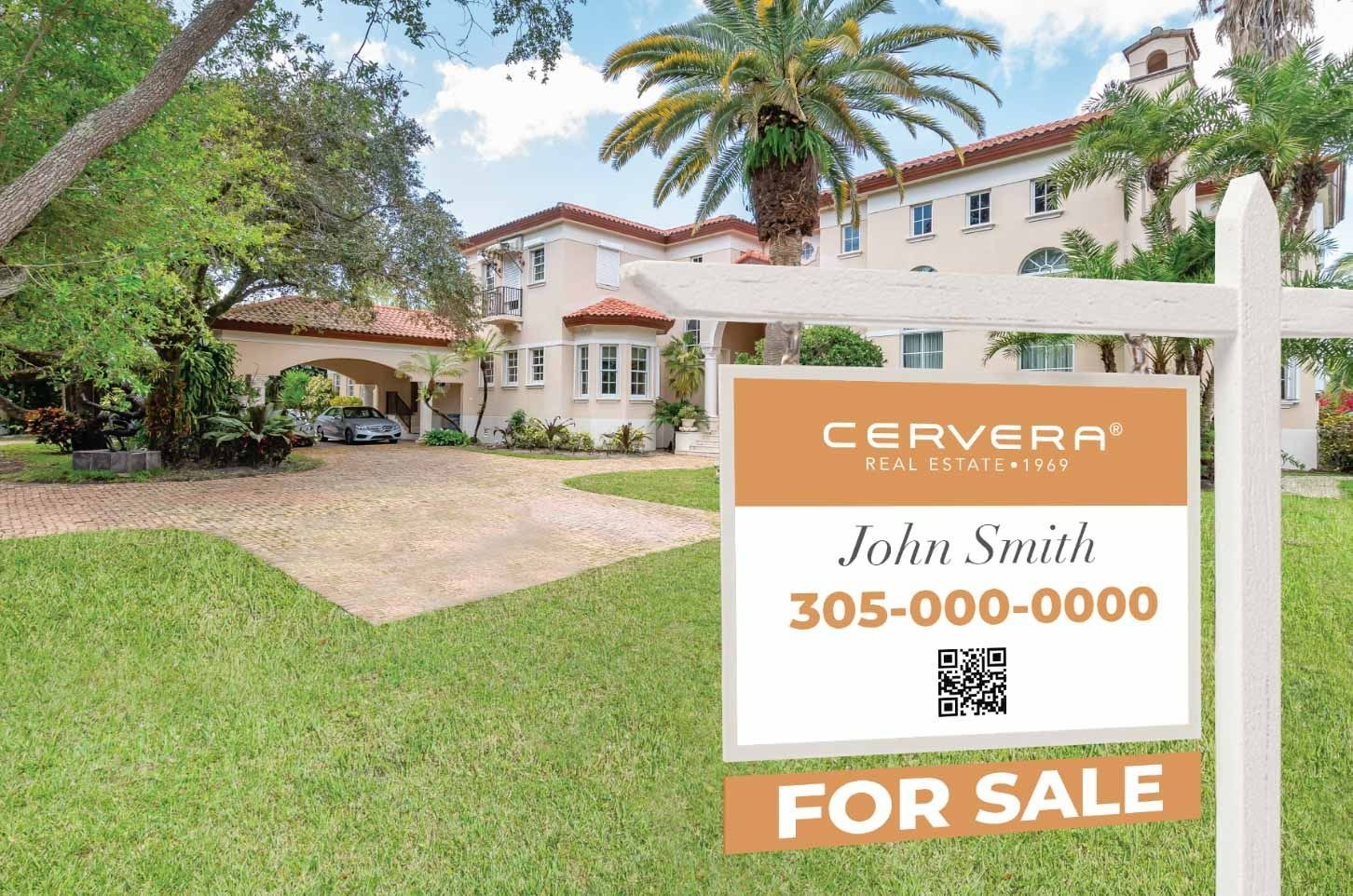 Real estate sign in front of a house. The sign has contact information and a QR code with 