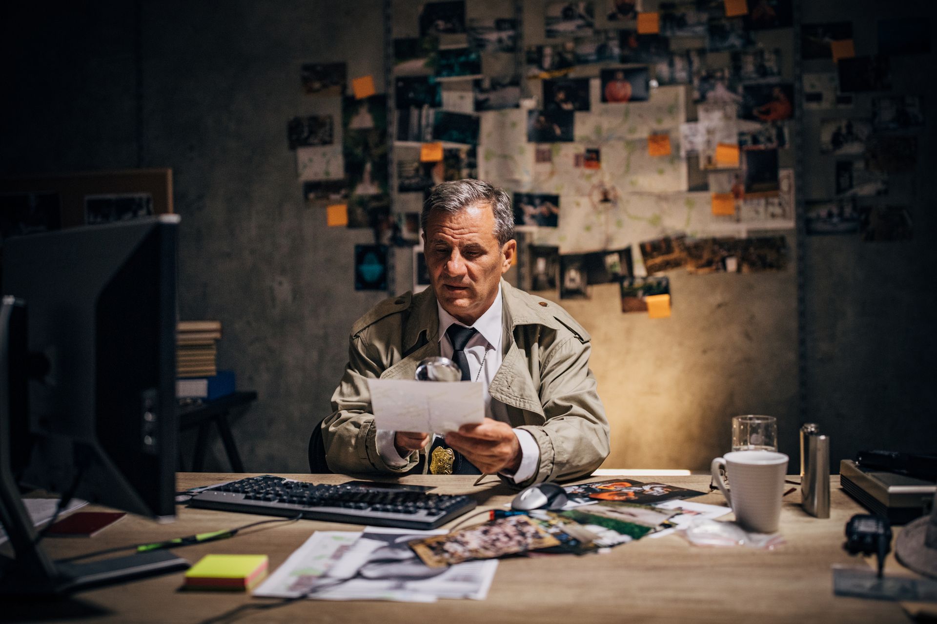 A detective in a trench coat sits at a desk, studying papers in a dimly lit office with evidence photos on the wall.