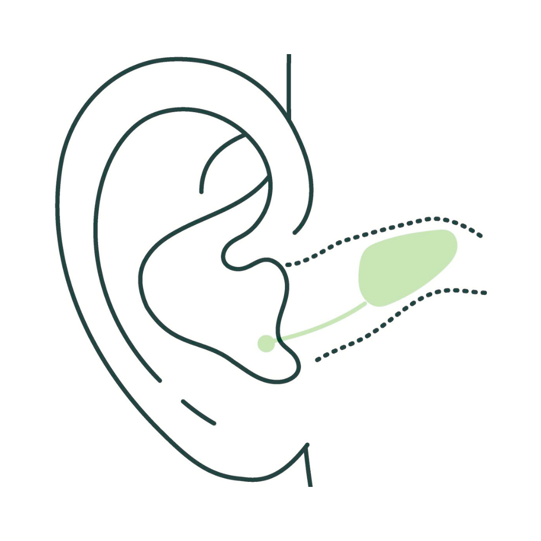 A drawing of a person 's ear with a microphone in it.