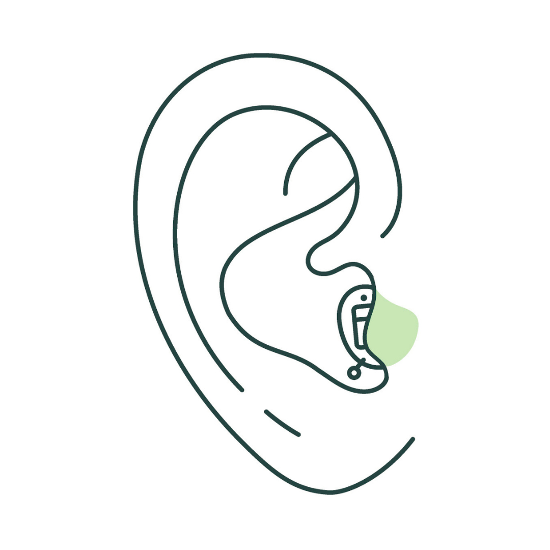 A line drawing of a person 's ear with a hearing aid in it.