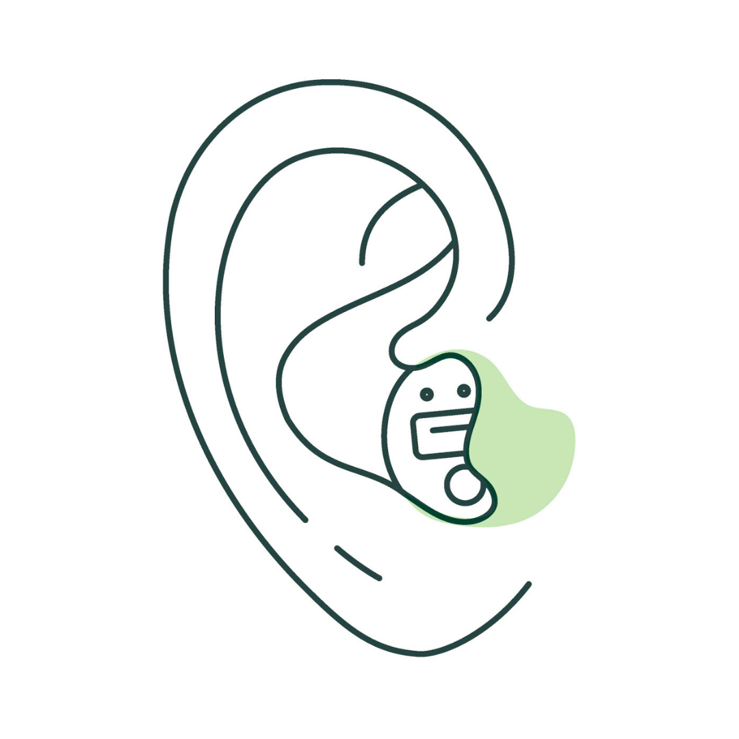 A line drawing of an ear with a hearing aid in it.