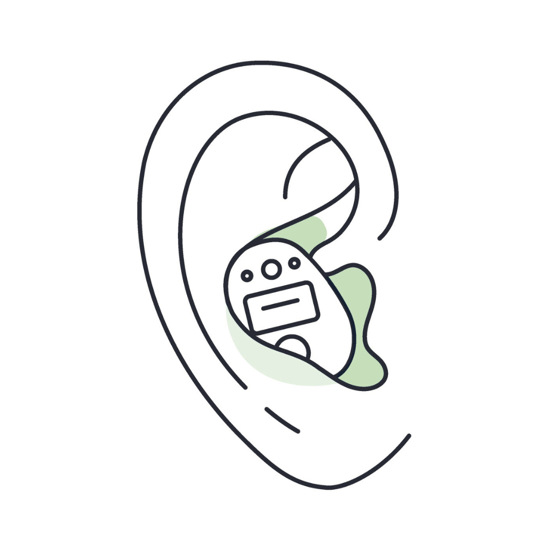 A line drawing of a person 's ear with a hearing aid in it.