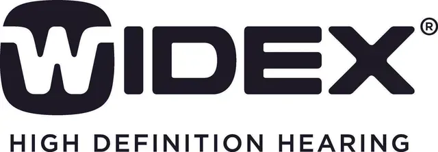 The logo for widex high definition hearing is black and white.
