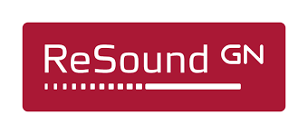 A red and white logo for resound gn on a white background.