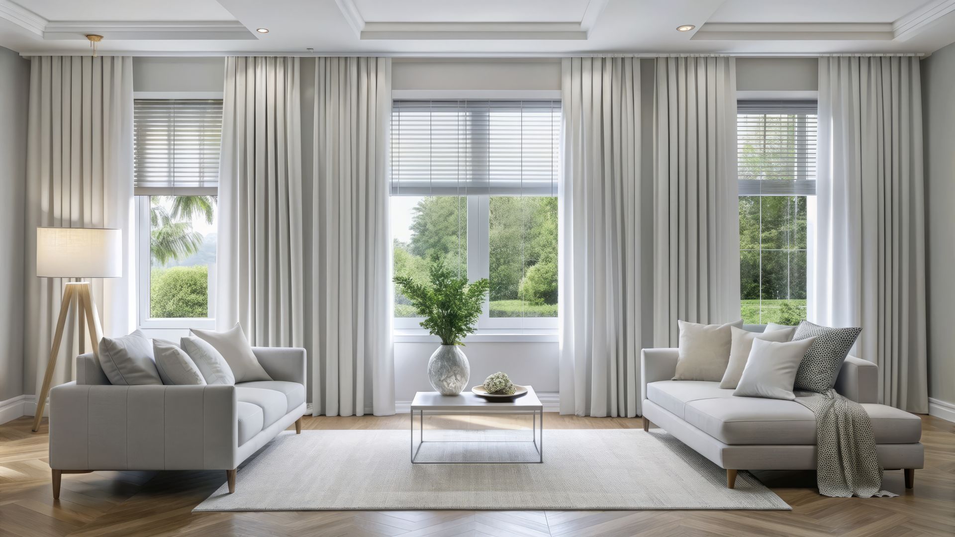 Elegant living room featuring floor-to-ceiling custom window drapery and modern blinds.