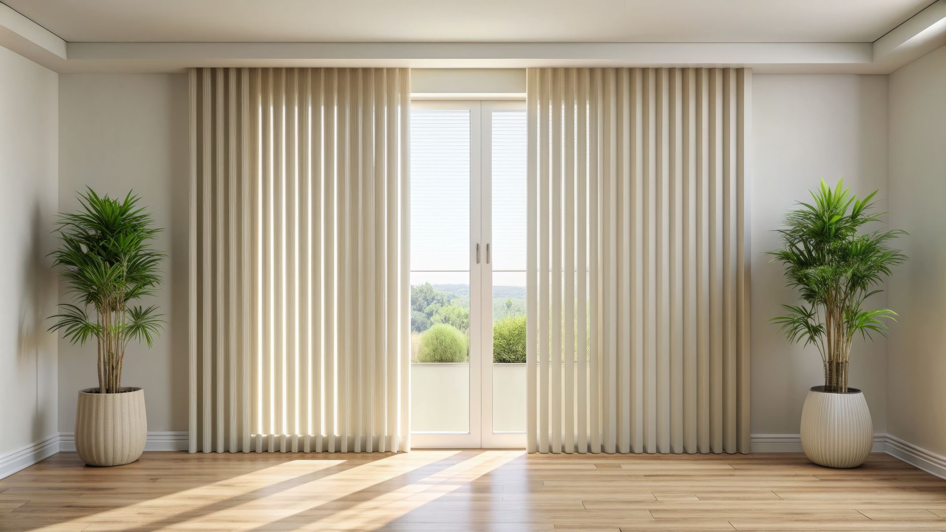 Minimalist room featuring cream-colored custom window drapery on large glass balcony doors.