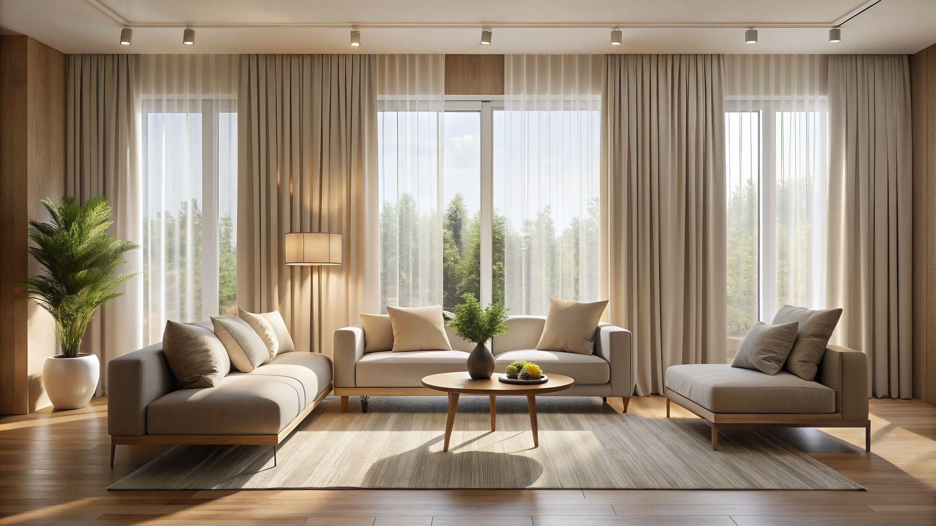 A minimalist, modern interior with custom window drapery