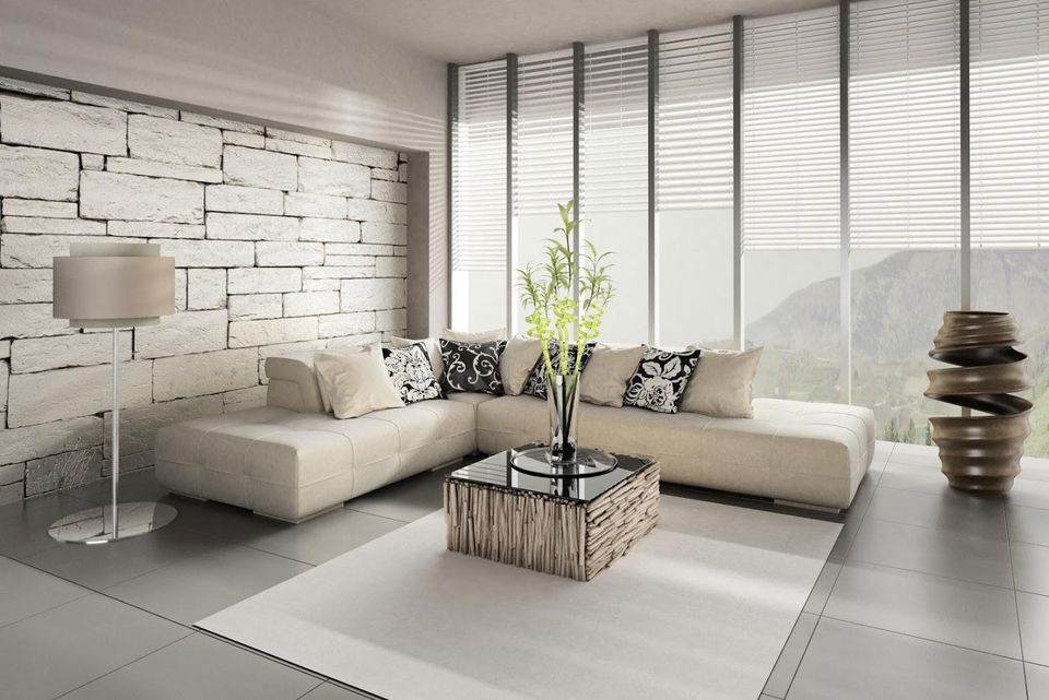 Motorized Window Blinds — Modern Living Room with Window Blinds in Los Angeles, CA