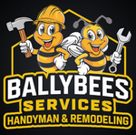 Two cartoon bees with tools, yellow hard hat, and the words "BALLYBEES SERVICES HANDYMAN & REMODELING."