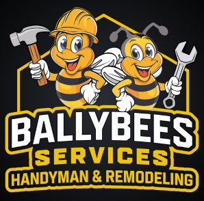 Two cartoon bees with tools, yellow hard hat, and the words "BALLYBEES SERVICES HANDYMAN & REMODELING."