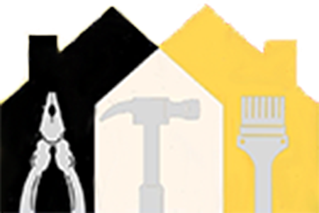 Three houses in black, white, and yellow with tools: pliers, hammer, and paintbrush.