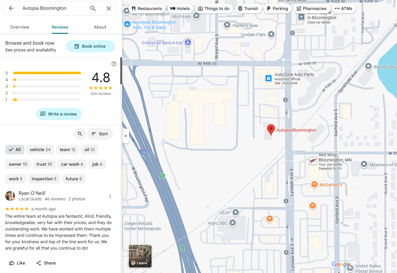 Positive google reviews for autopia bloomington