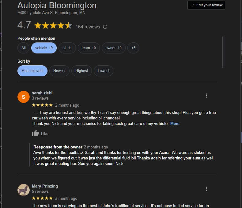 Featured google review for autopia bloomington