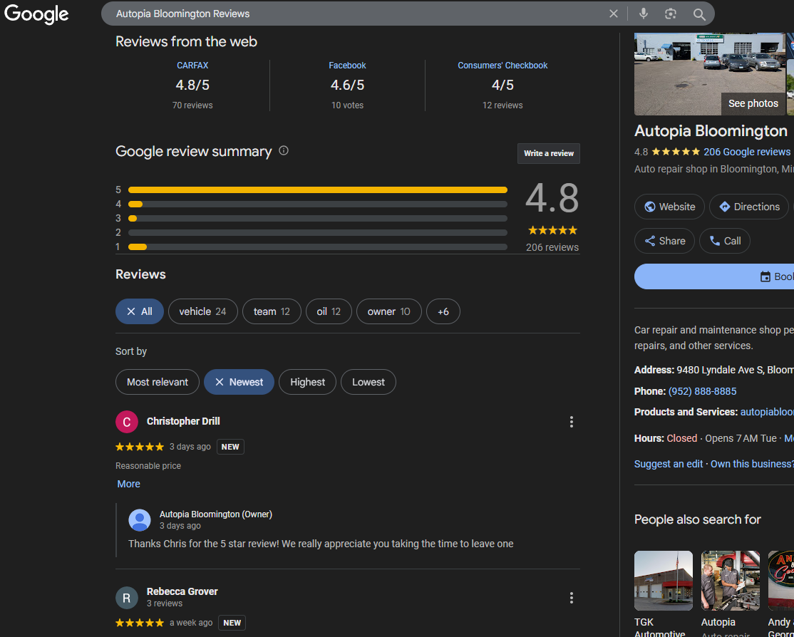 Featured google review for autopia bloomington