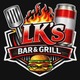 LK’s Bar & Grill logo with spatula, flaming grill, soda can, and burger on a black background