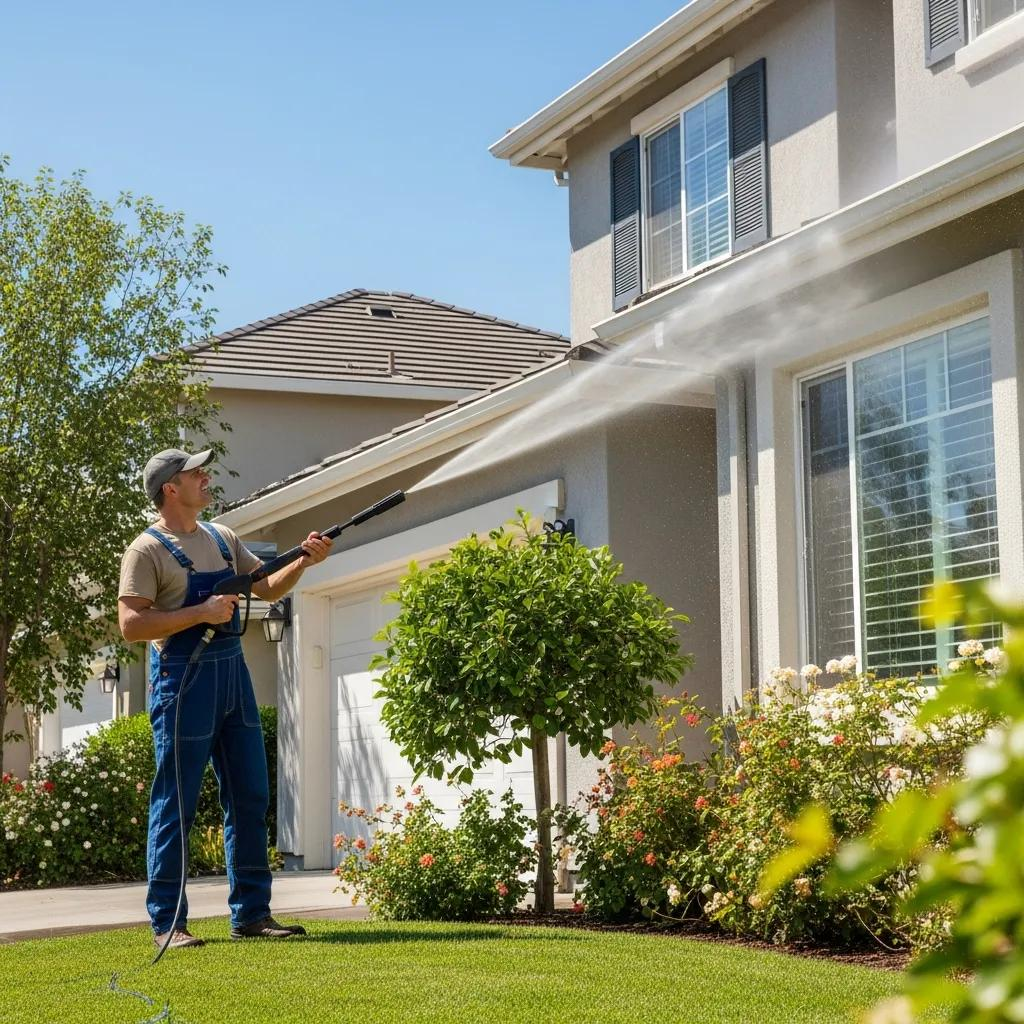 Man in overalls pressure washing the side of a house with a clear blue sky.
